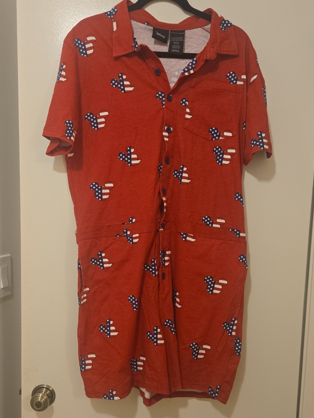 Red Patriotic Mickey Print Button Romper